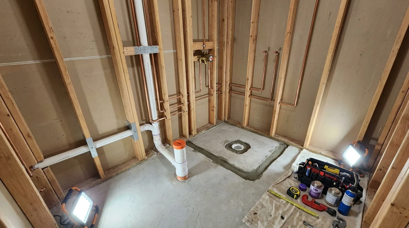 Bathroom rough-in plumbing during remodel by Johns Plumbing LLC in Owenton