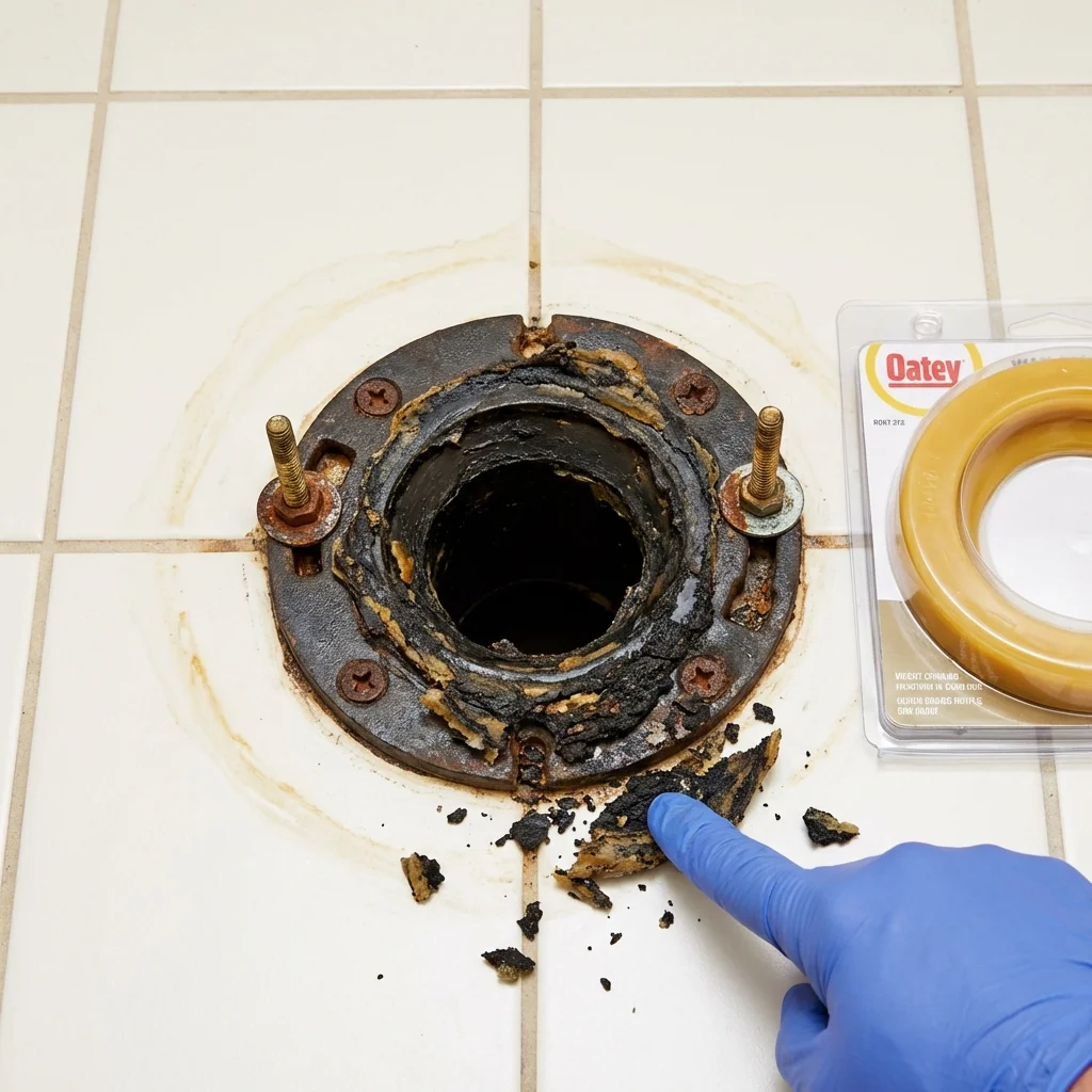 Failed wax ring showing water seepage at the base of a toilet in a Owenton, KY home