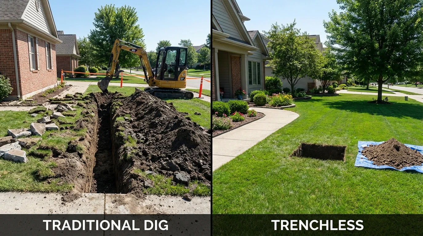 Trenchless sewer repair with minimal yard damage versus traditional excavation in Owenton, KY