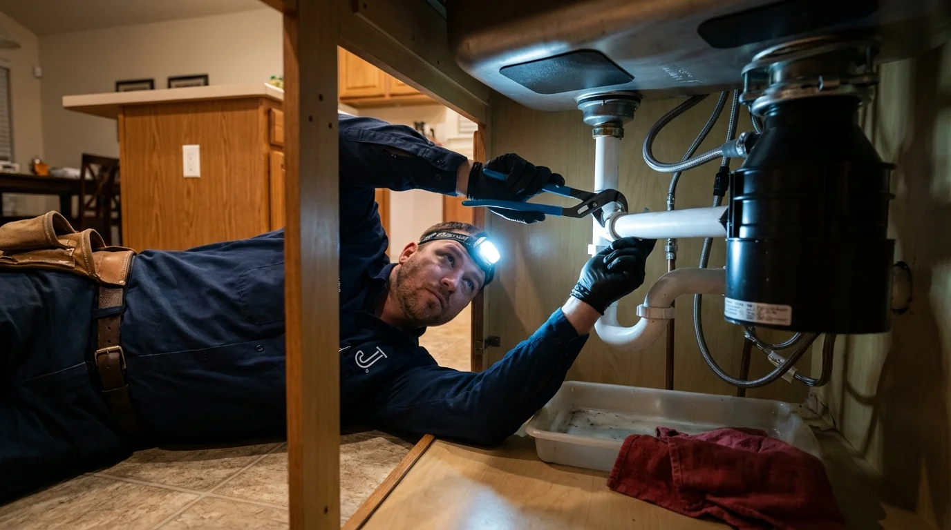 P-trap and supply line connections under a kitchen sink showing a common leak point in Owenton, KY
